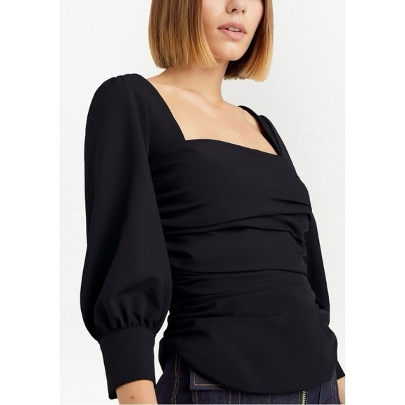 Cinq A Sept Karol Square-Neck Ruched 3/4” Puff Sleeve Crepe Top Blouse Medium - Picture 4 of 10